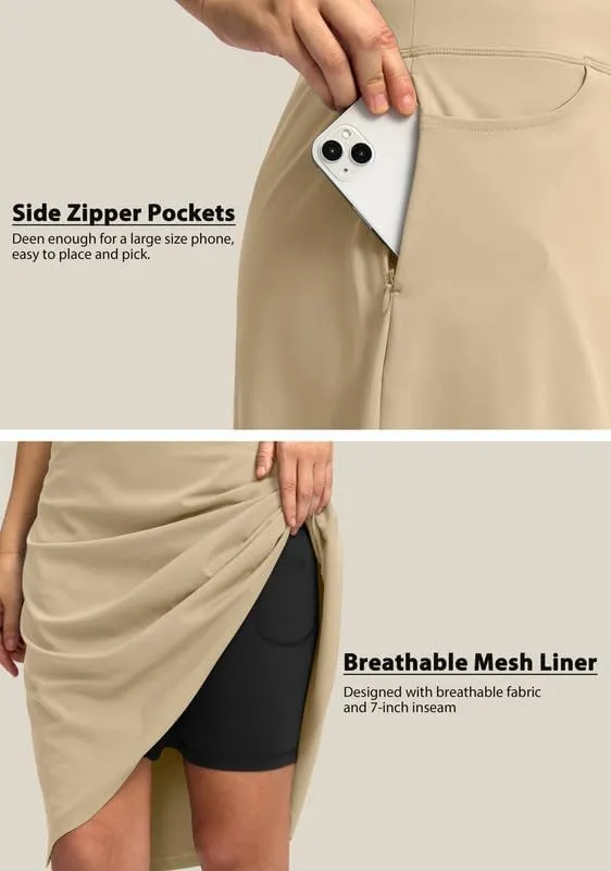 Viodia 25" Knee Length Skorts Skirts for Women with Zipper Pockets Stretchy Modest Aline Midi Skort for Casual Summer Travel