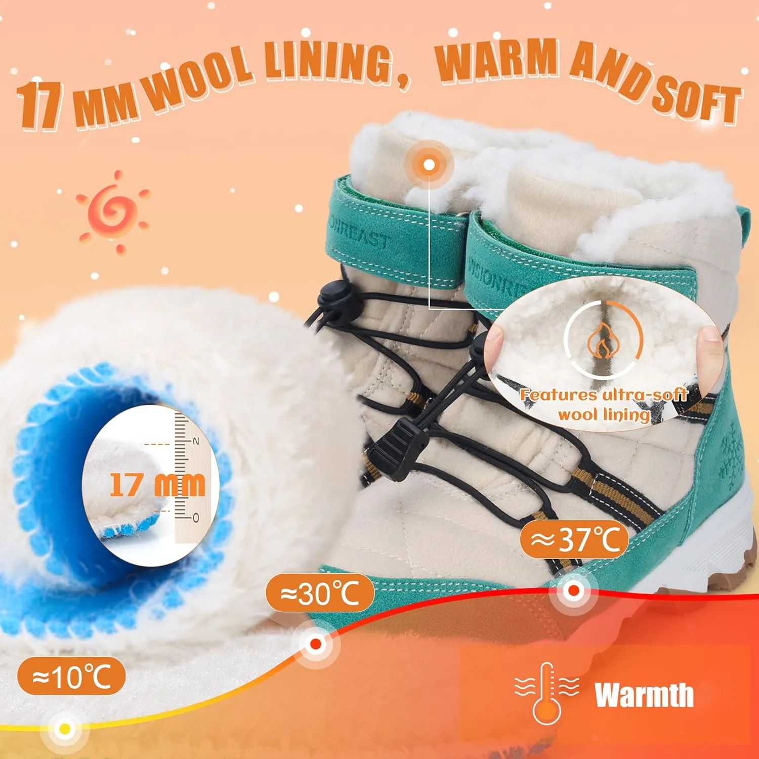 visionreast Boys Girls Wool Lining Snow Boots Winter Walking Boots for Kids Non Slip Unisex-Child Cold Weather Shoes Outdoor Boots