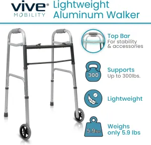 Vive Mobility Folding Walker with Wheels - Lightweight, Narrow Aluminum Rolling Walker for Small Spaces - Narrow, Foldable, Lightweight - Medical Front Wheeled Support - for Adults, Handicap, Elderly