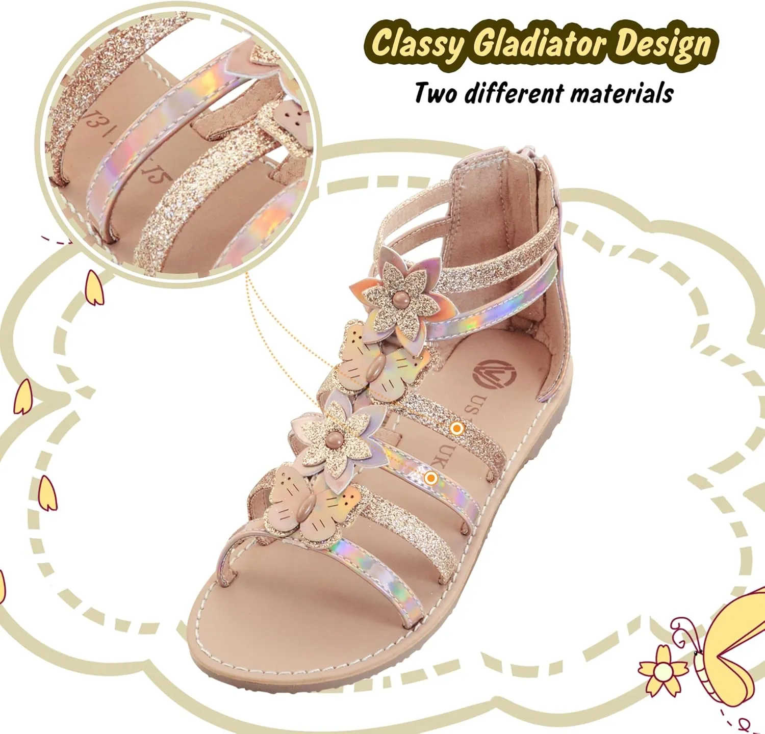 Vonair Girls Gladiator Sandals Cute Open Toe Breathable Summer Shoes with Rubber Sole (Toddler/Little Kid/Big Kid)