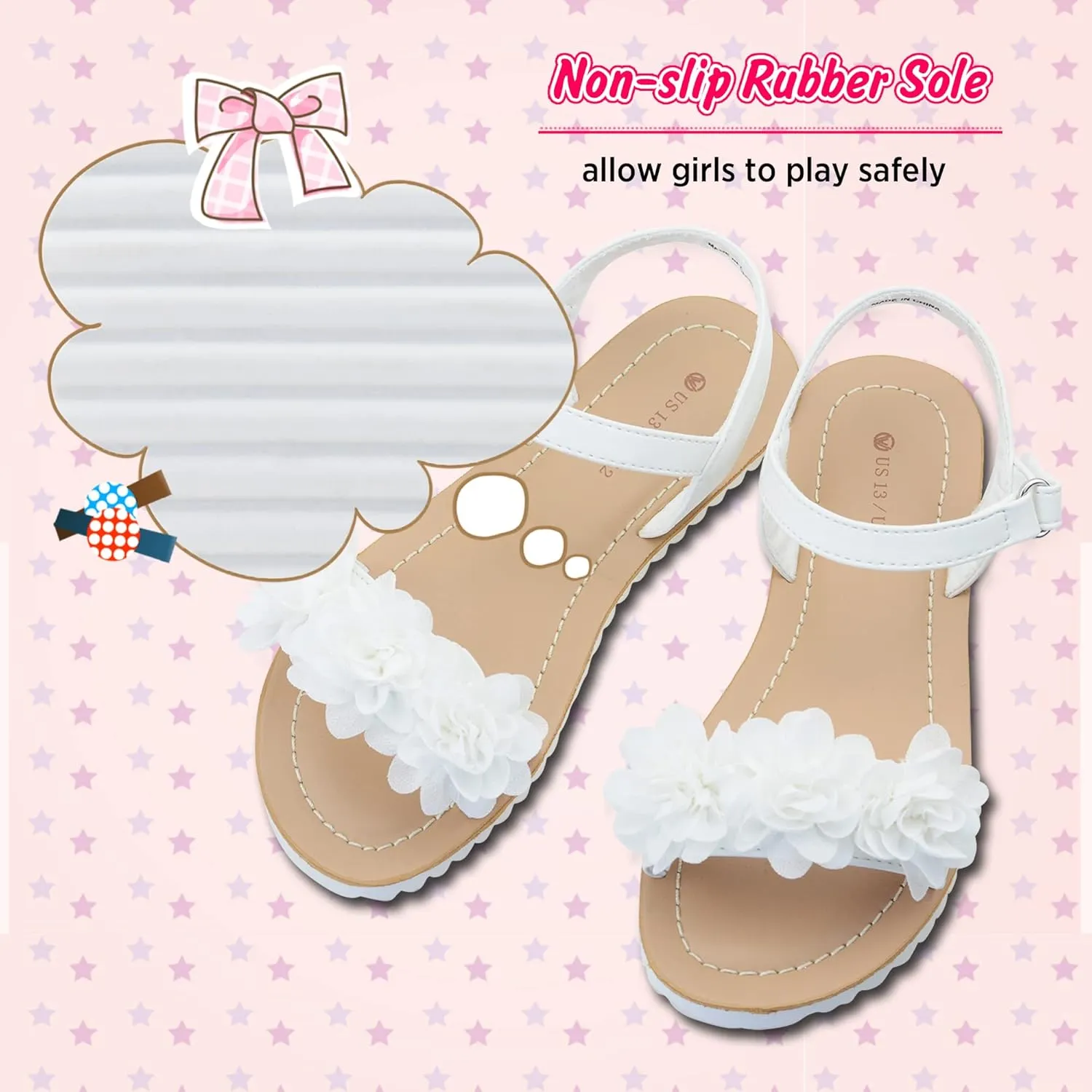 Vonair Girls White Strappy Summer Sandals Open-Toe Fashion Cute Dress Sandals for Little Big Kids