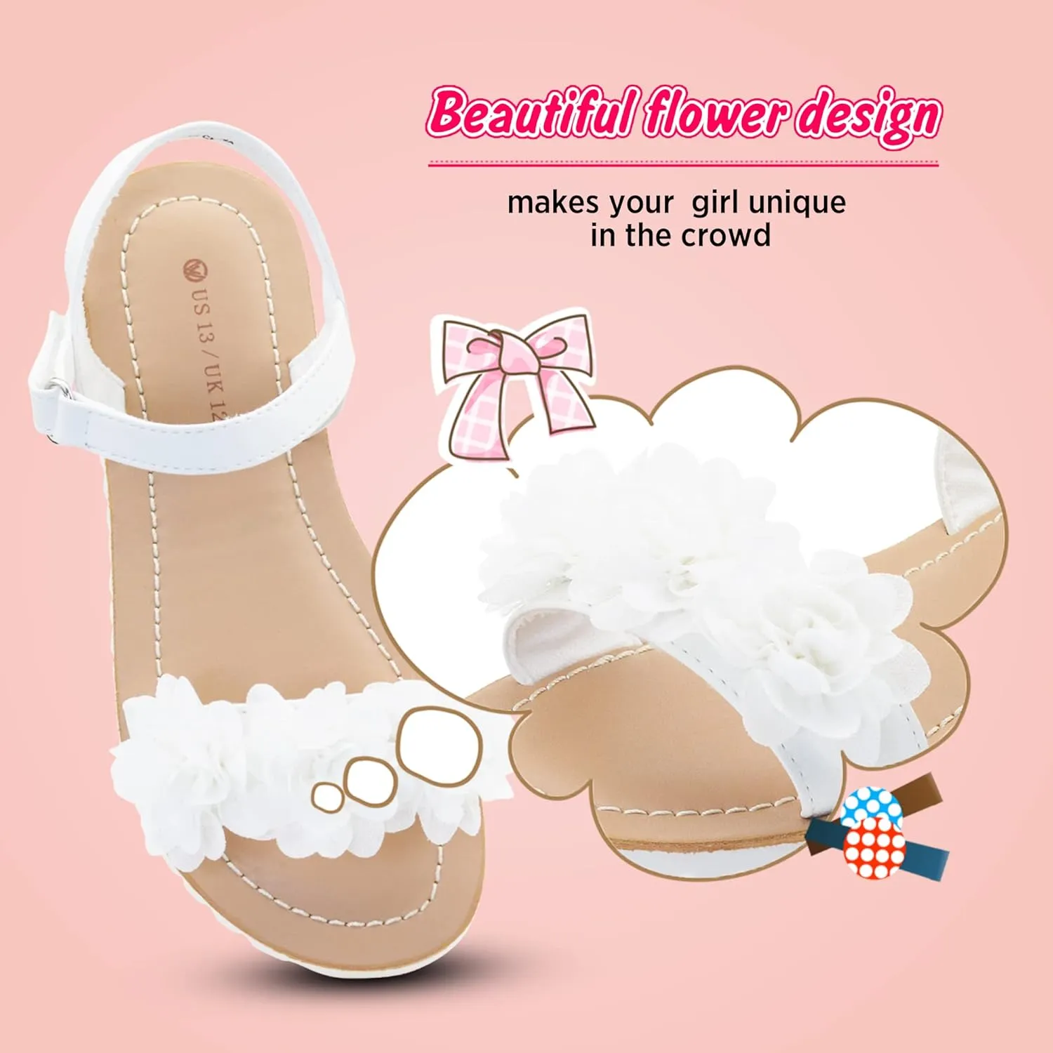Vonair Girls White Strappy Summer Sandals Open-Toe Fashion Cute Dress Sandals for Little Big Kids