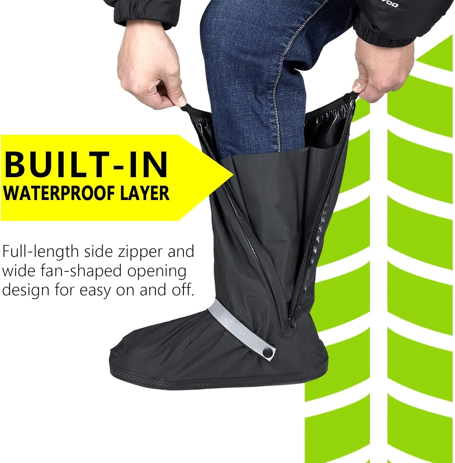 Waterproof Rain Boot Shoe Covers for Men Women with Reflector, Black Non-slip Reusable Boot Covers with Side Zipper, Foldable Anti-Snow Shoe Covers Rainproof Overshoes Over Shoes Galoshes
