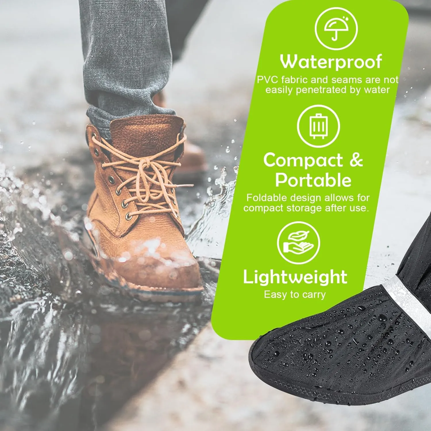 Waterproof Rain Boot Shoe Covers for Men Women with Reflector, Black Non-slip Reusable Boot Covers with Side Zipper, Foldable Anti-Snow Shoe Covers Rainproof Overshoes Over Shoes Galoshes