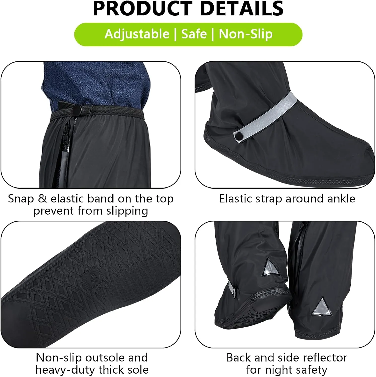 Waterproof Rain Boot Shoe Covers for Men Women with Reflector, Black Non-slip Reusable Boot Covers with Side Zipper, Foldable Anti-Snow Shoe Covers Rainproof Overshoes Over Shoes Galoshes
