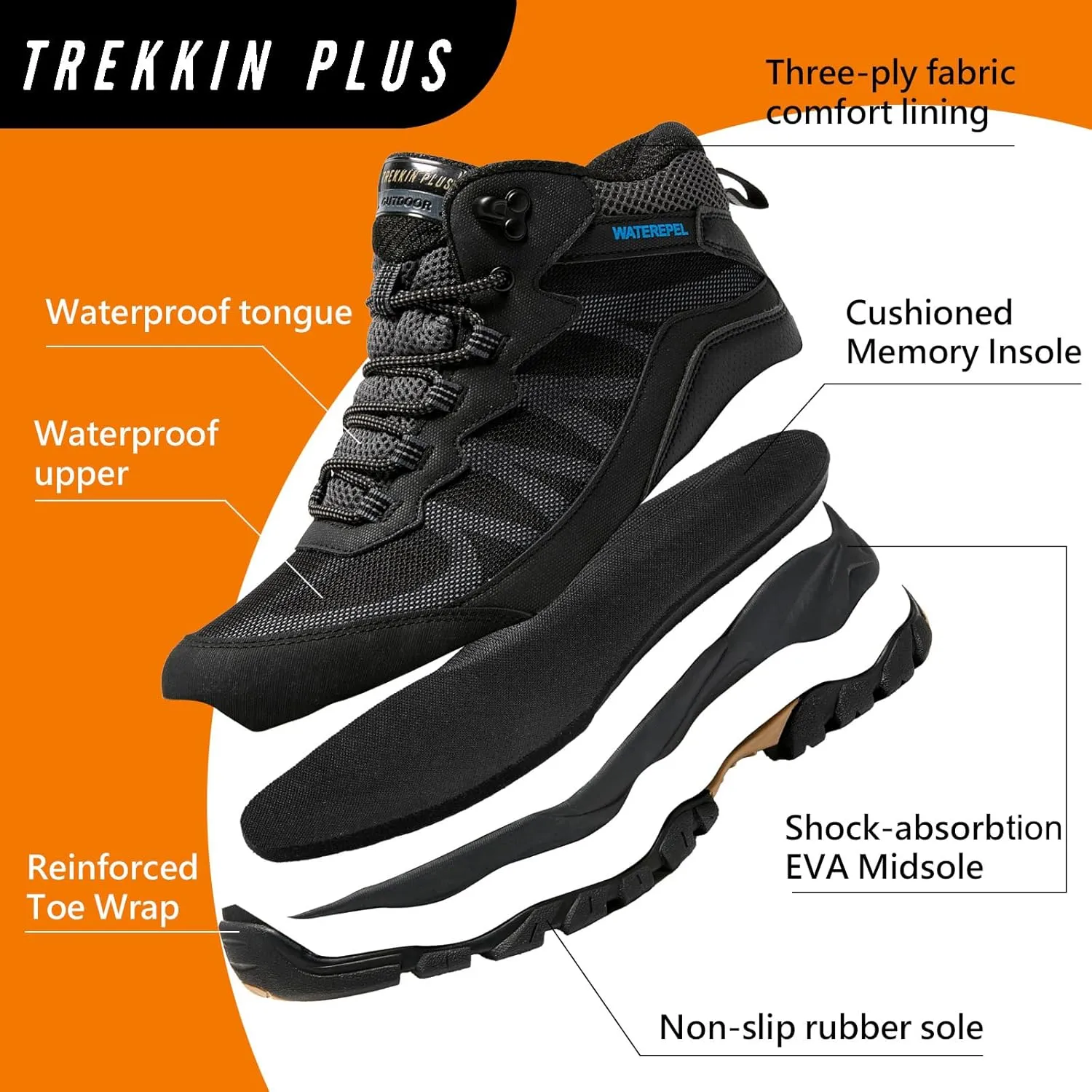 Waterproof Walking Shoes for Men Breathable Low Top Boots Lightweight Non Slip Workout Shoes Comfortable Slip on Snow Rainproof Shoes