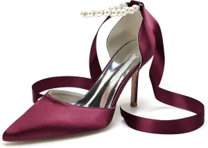 Wedding Bride Shoes Satin Pearl Pointed Toe Ribbon Women High Heels Pumps for Bridal/Prom/Evening/Cocktail/Bridesmaid/Party 8.5Cm