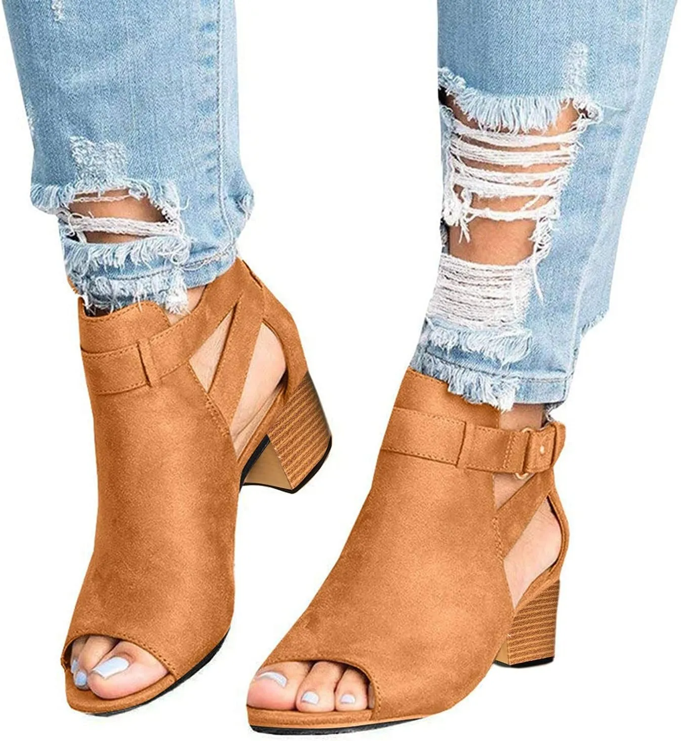 Wedge Dress Shoes for Women Back Zipper Chunky Heels Peep Toe Ankle Booties Dressy Short Heels Block Heel Sandals