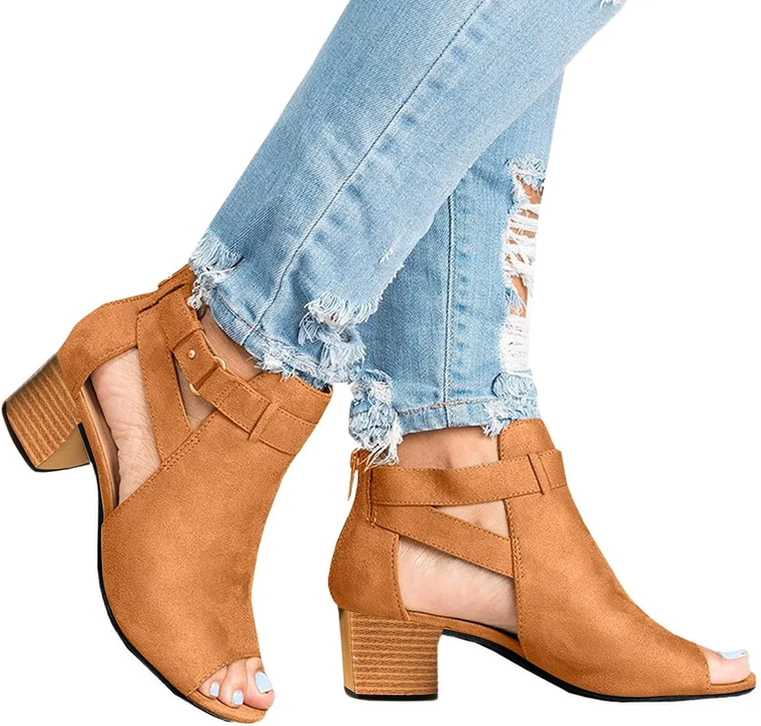 Wedge Dress Shoes for Women Back Zipper Chunky Heels Peep Toe Ankle Booties Dressy Short Heels Block Heel Sandals