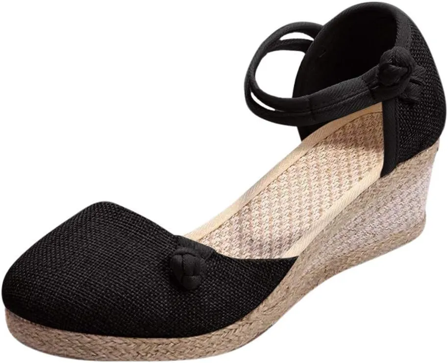 Wedge Sandals for Women 2024 Women Ladies Retro Canvas Wedge Round Toe Casual Sandals Singles Shoes