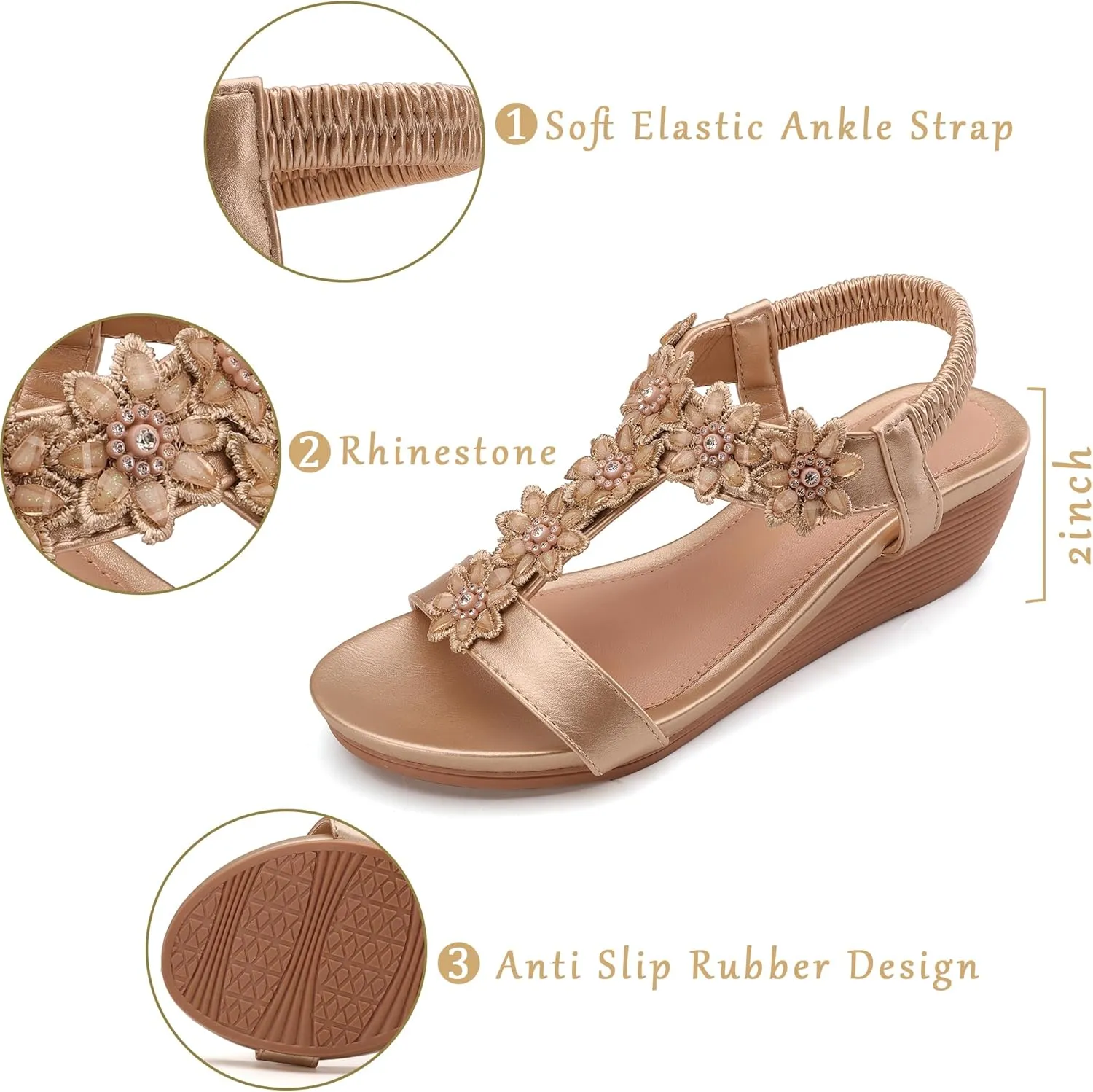 Wedge Sandals for Women Dress Elastic Ankle Strap Rhinestone Sandals Summer Comfortable Shoe