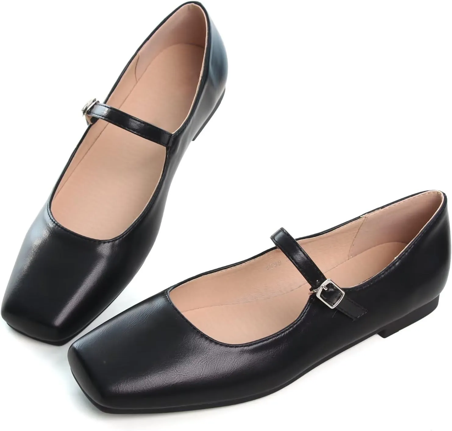 WENJIAZHIZHI Womens Squared Toe Mary Janes Adjustable Buckle Ballet Flats Solid Color Elegant Office Lady Low-Heels Wedding Dressy Shoes