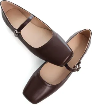 WENJIAZHIZHI Womens Squared Toe Mary Janes Adjustable Buckle Ballet Flats Solid Color Elegant Office Lady Low-Heels Wedding Dressy Shoes