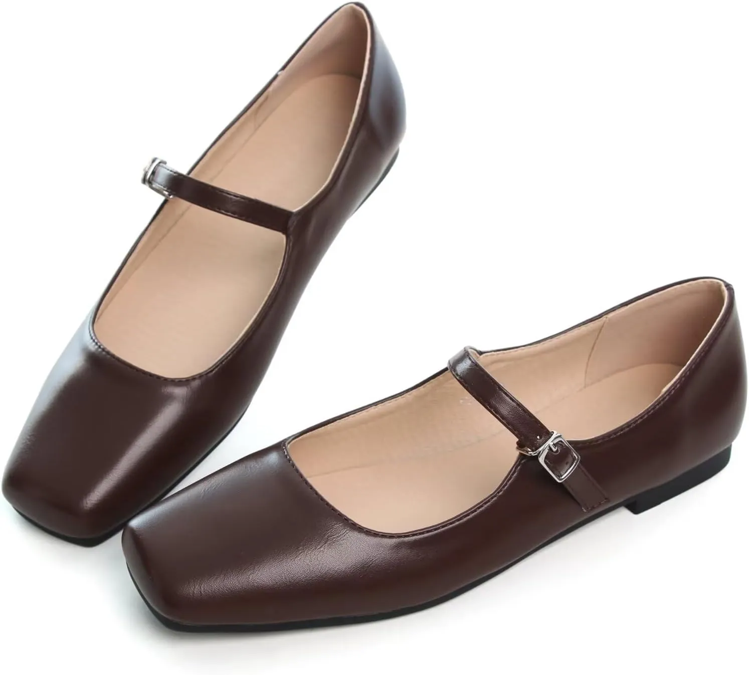WENJIAZHIZHI Womens Squared Toe Mary Janes Adjustable Buckle Ballet Flats Solid Color Elegant Office Lady Low-Heels Wedding Dressy Shoes