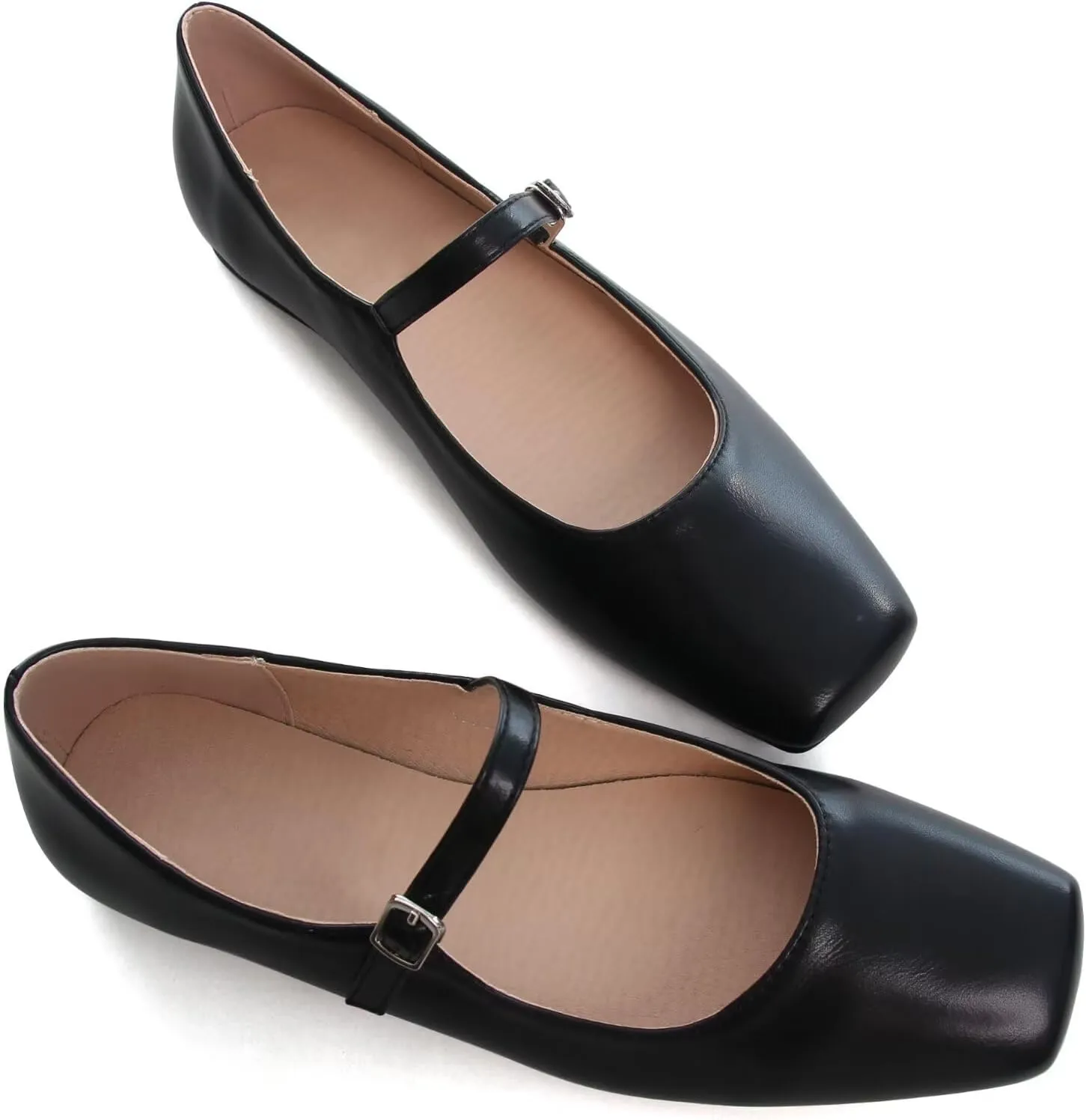 WENJIAZHIZHI Womens Squared Toe Mary Janes Adjustable Buckle Ballet Flats Solid Color Elegant Office Lady Low-Heels Wedding Dressy Shoes