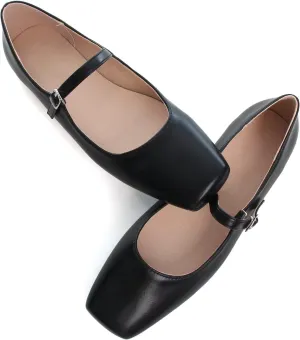 WENJIAZHIZHI Womens Squared Toe Mary Janes Adjustable Buckle Ballet Flats Solid Color Elegant Office Lady Low-Heels Wedding Dressy Shoes