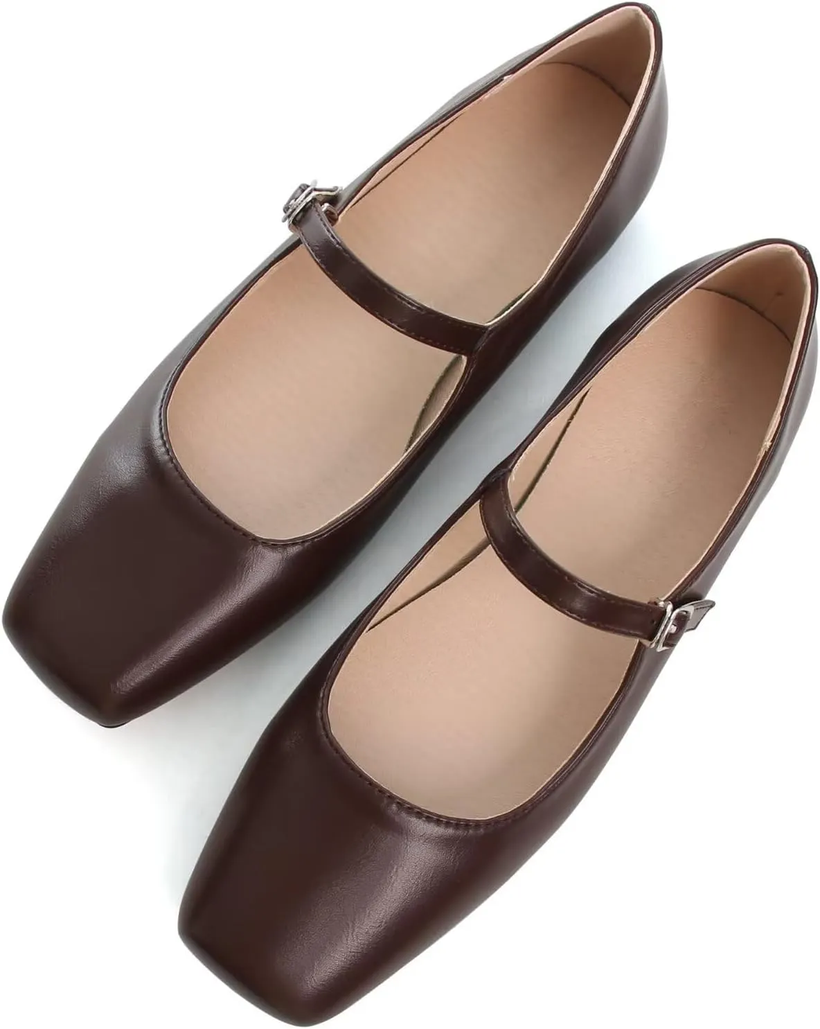 WENJIAZHIZHI Womens Squared Toe Mary Janes Adjustable Buckle Ballet Flats Solid Color Elegant Office Lady Low-Heels Wedding Dressy Shoes