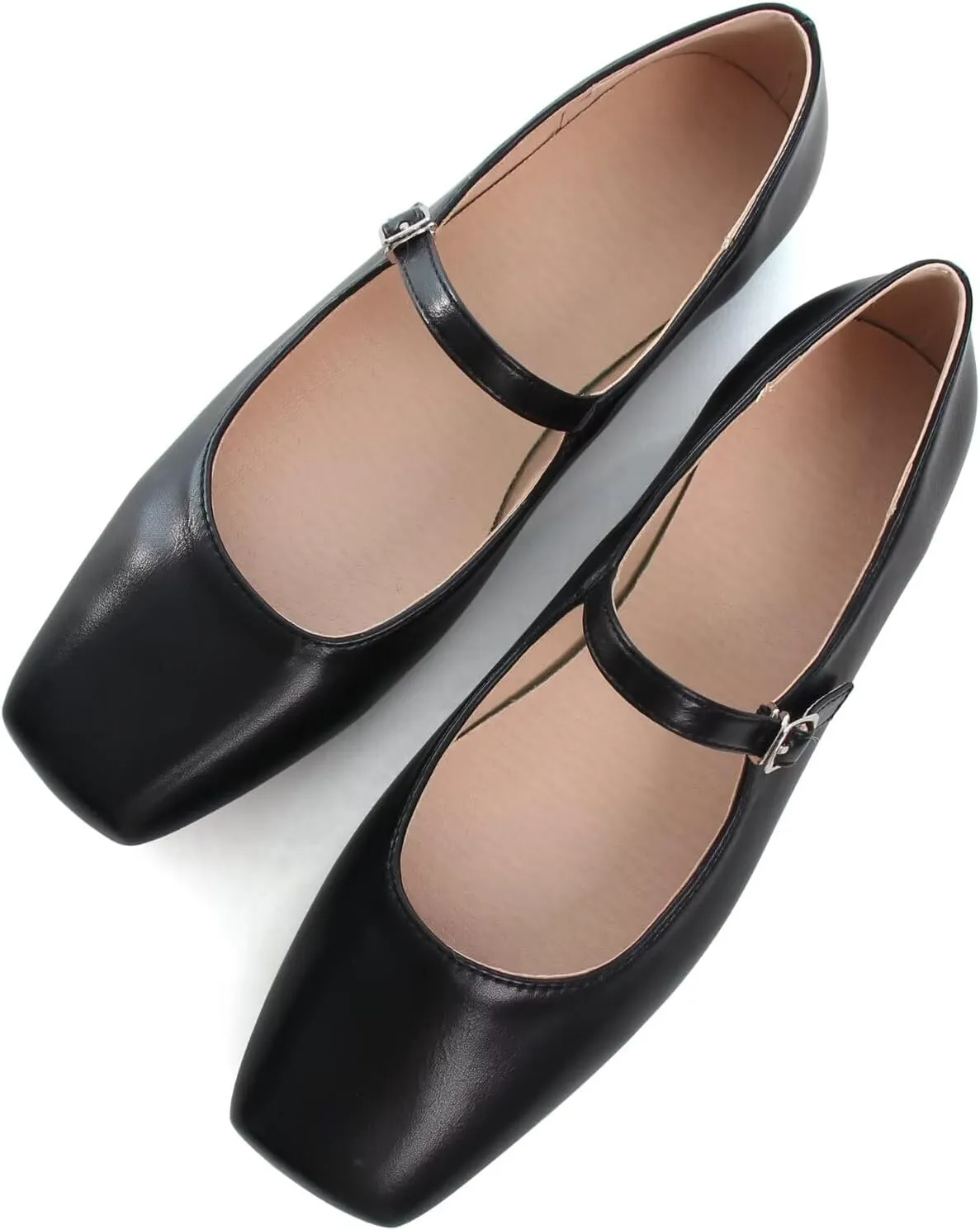 WENJIAZHIZHI Womens Squared Toe Mary Janes Adjustable Buckle Ballet Flats Solid Color Elegant Office Lady Low-Heels Wedding Dressy Shoes