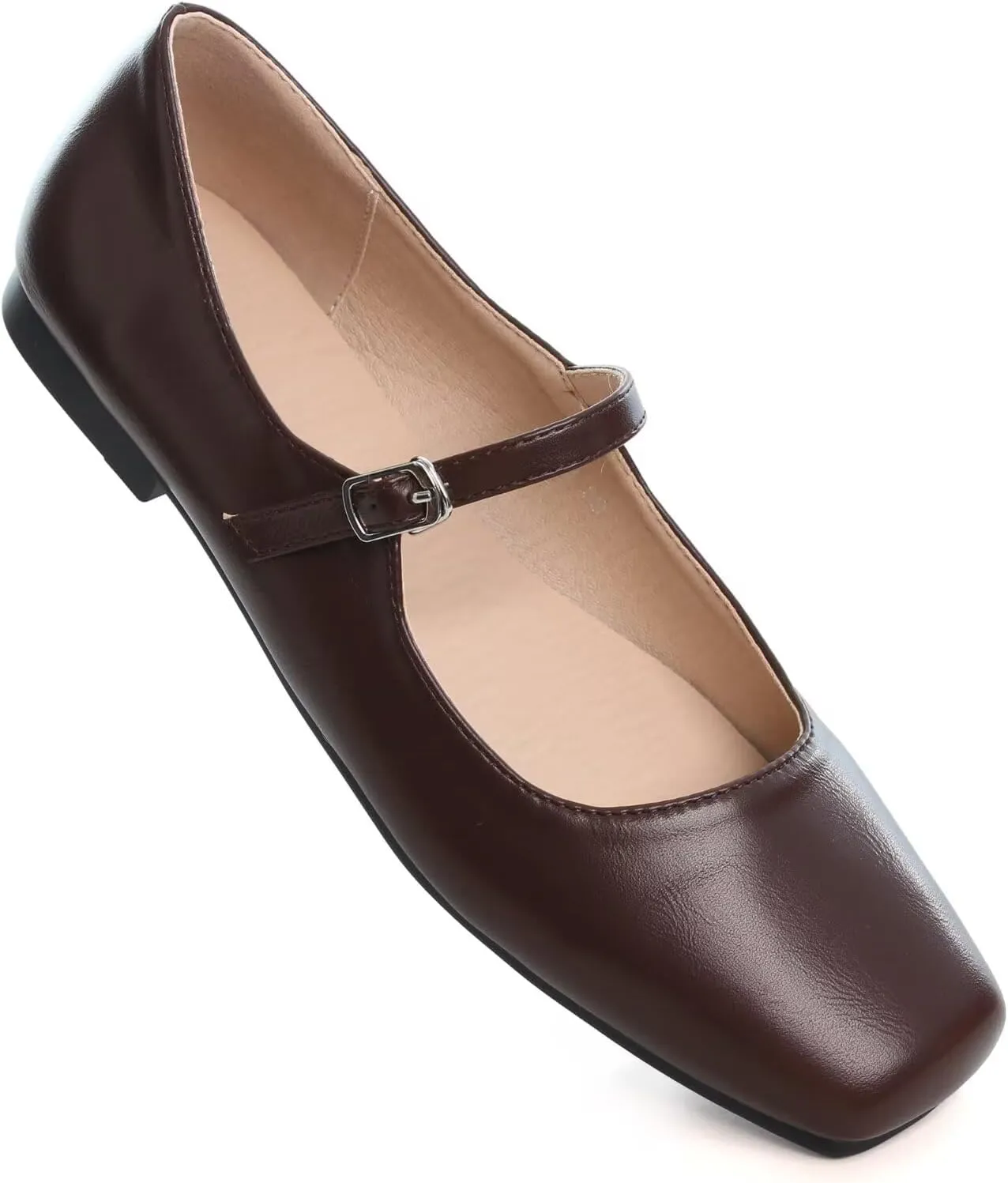 WENJIAZHIZHI Womens Squared Toe Mary Janes Adjustable Buckle Ballet Flats Solid Color Elegant Office Lady Low-Heels Wedding Dressy Shoes
