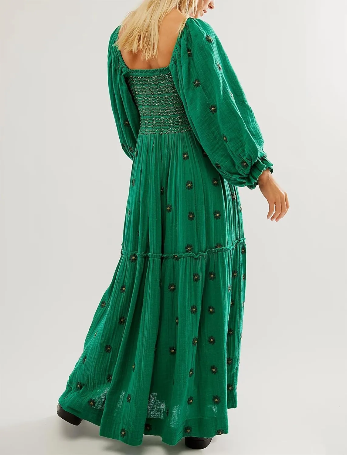 Willow Dance Women Casual Bohemian Floral Dress Square Neck Ruffle Swing A Line Long Sleeve Beach Maxi Dress with Pockets
