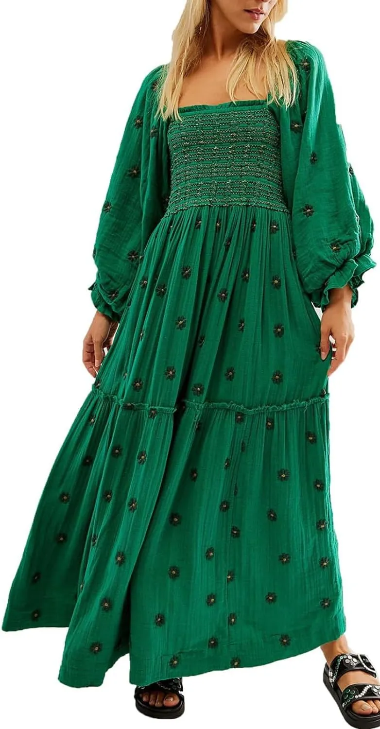 Willow Dance Women Casual Bohemian Floral Dress Square Neck Ruffle Swing A Line Long Sleeve Beach Maxi Dress with Pockets