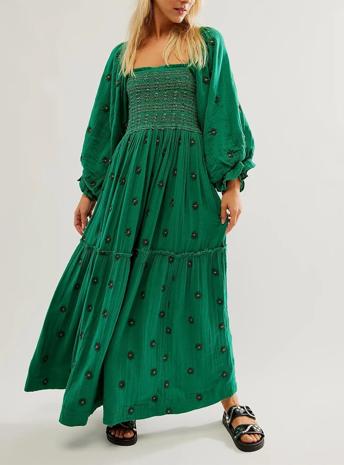 Willow Dance Women Casual Bohemian Floral Dress Square Neck Ruffle Swing A Line Long Sleeve Beach Maxi Dress with Pockets