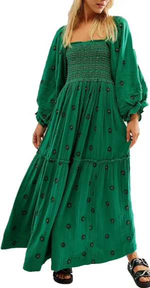 Willow Dance Women Casual Bohemian Floral Dress Square Neck Ruffle Swing A Line Long Sleeve Beach Maxi Dress with Pockets