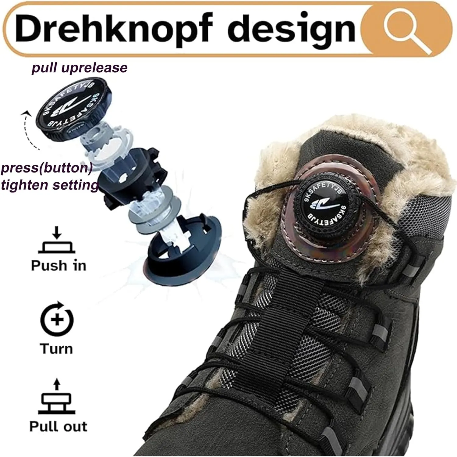 Winter Boots for Men Women, Winter Safety Shoes Men's Waterproof Work Shoes Women Warm Lined Steel Cap Shoes Non-Slip Safety Boots with Rotary Knob
