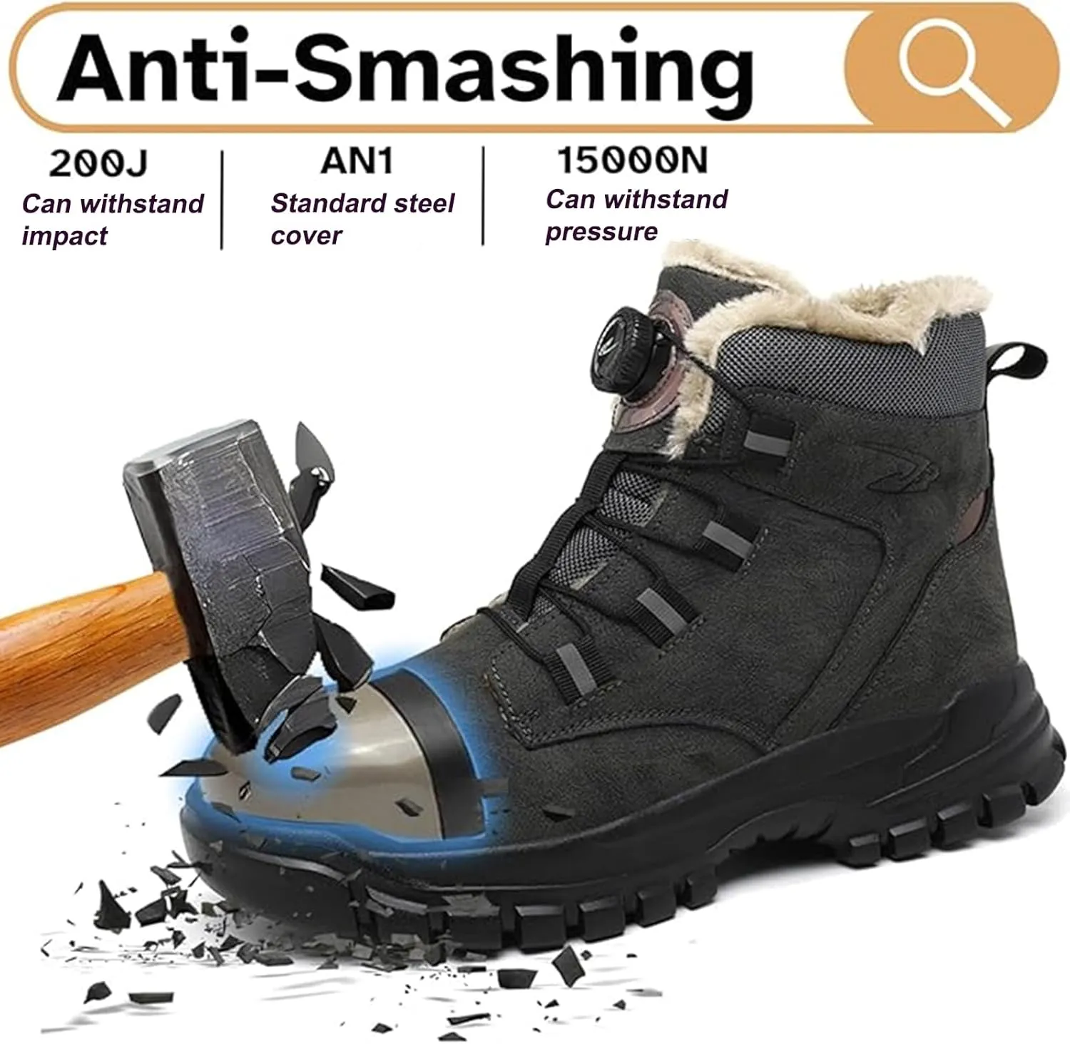 Winter Boots for Men Women, Winter Safety Shoes Men's Waterproof Work Shoes Women Warm Lined Steel Cap Shoes Non-Slip Safety Boots with Rotary Knob