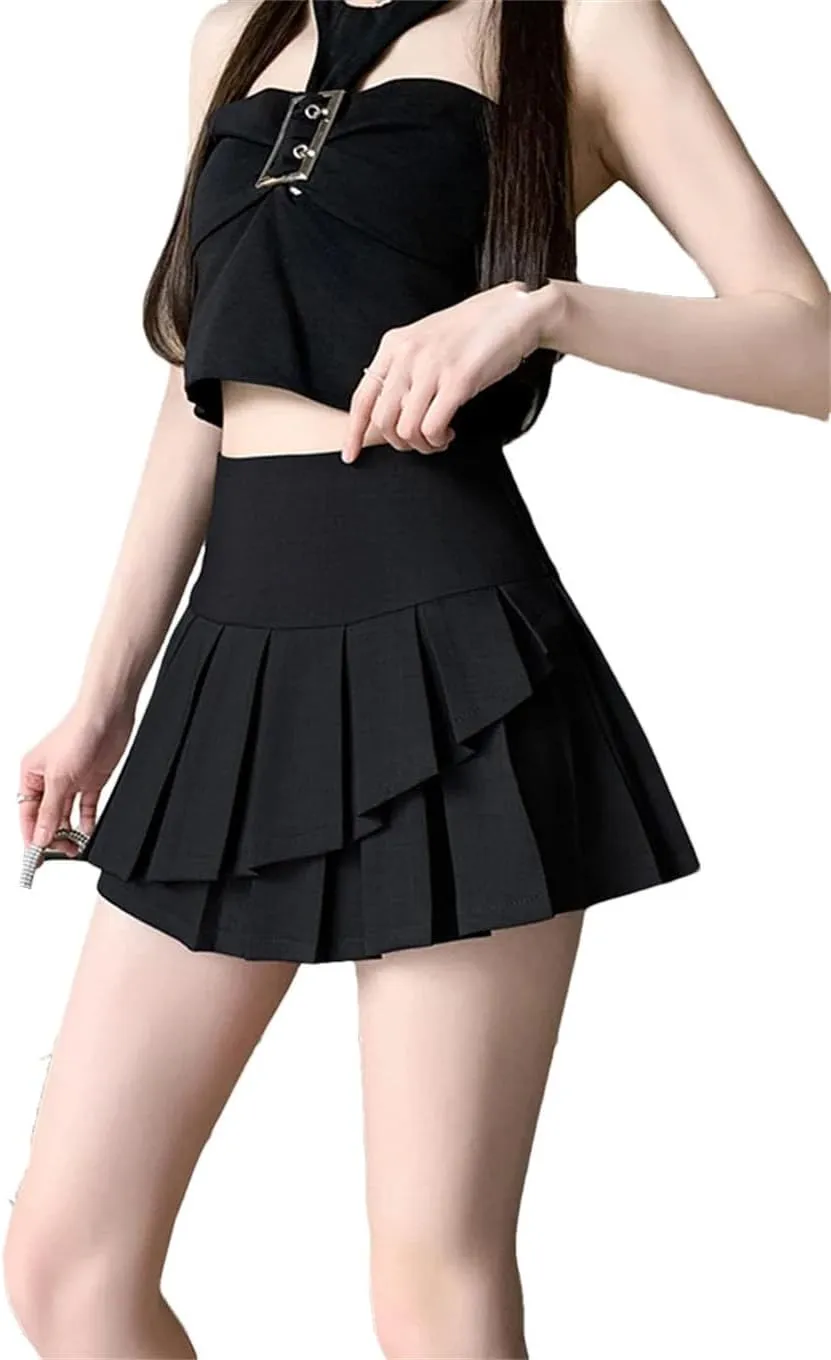 Women Preppy Style Irregular Pleated Short Skirt High Waist School Mini Skirts with Ruffles