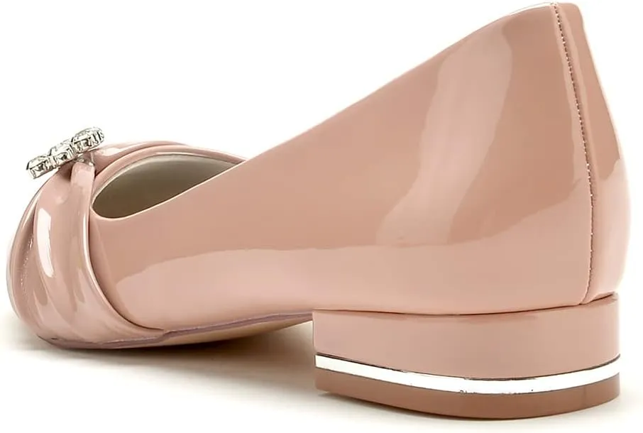 Women Rhinestone Buckle Wedding Flats Comfort Closed Toe Ballet Flat Shoes Low Heel Dress Shoes Patent Leather Flats for Women