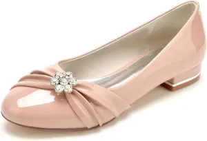 Women Rhinestone Buckle Wedding Flats Comfort Closed Toe Ballet Flat Shoes Low Heel Dress Shoes Patent Leather Flats for Women