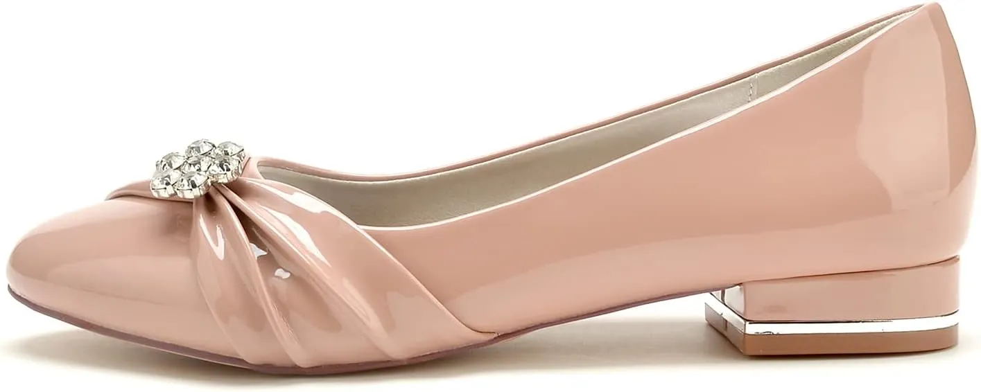Women Rhinestone Buckle Wedding Flats Comfort Closed Toe Ballet Flat Shoes Low Heel Dress Shoes Patent Leather Flats for Women