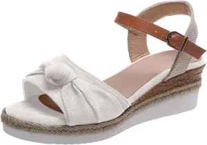Women Ruched Bowknot Sandals Summer Platform Wedge Open Toe Shoes Dressy Casual Comfort Outdoor Sandal with Ankle Strap