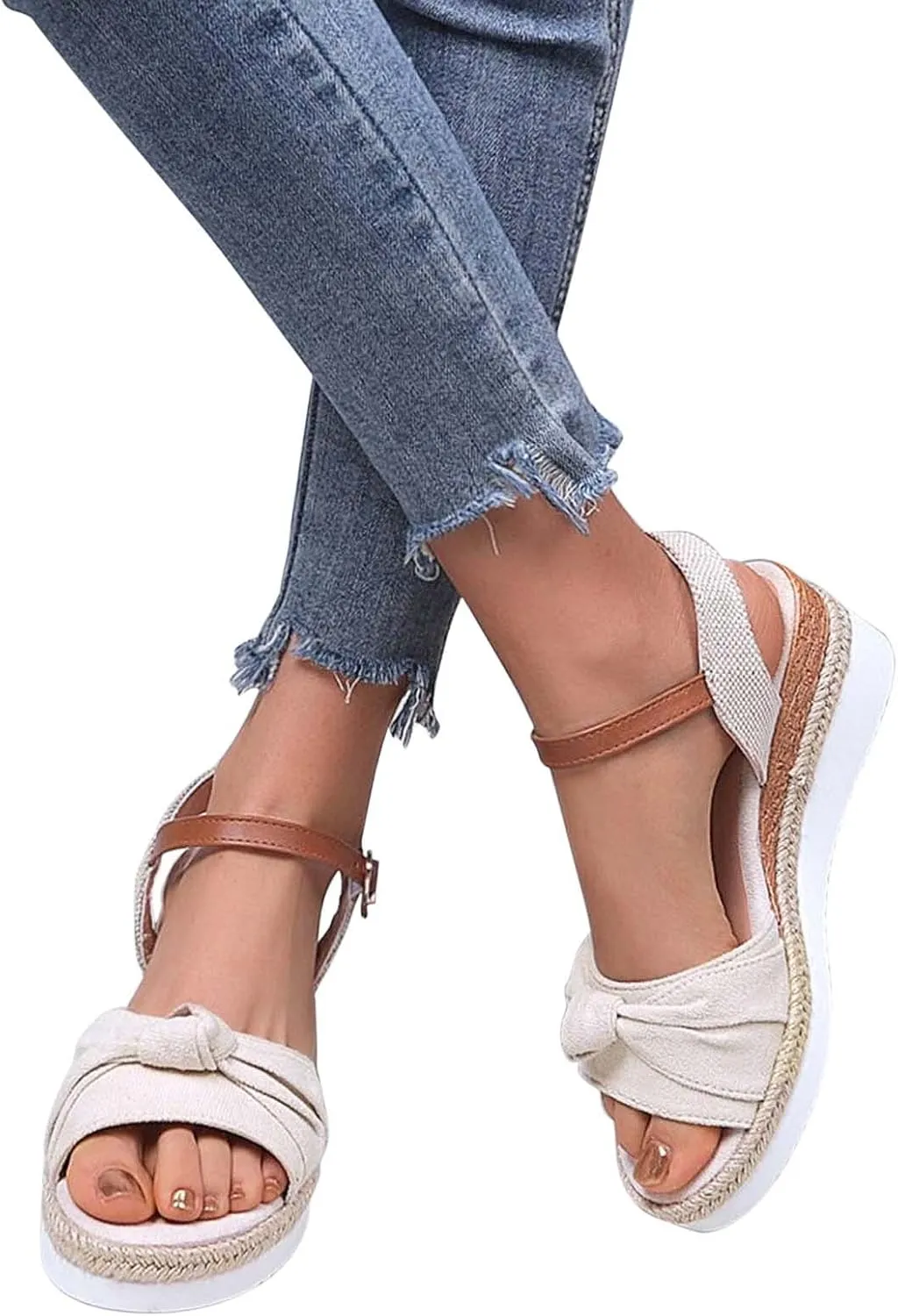 Women Ruched Bowknot Sandals Summer Platform Wedge Open Toe Shoes Dressy Casual Comfort Outdoor Sandal with Ankle Strap