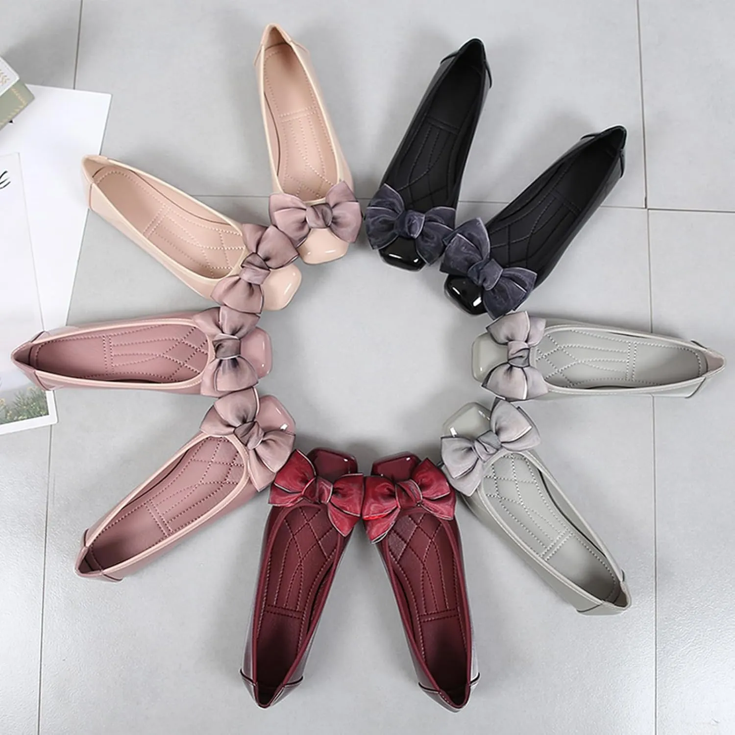 Women's Chic Patent Leather Ballet Flats Elegant Bow Square Toe Slip-On Shoes for Office Party Formal Events