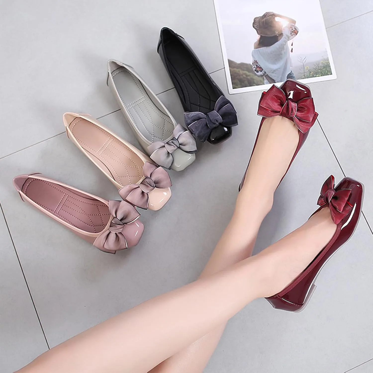 Women's Chic Patent Leather Ballet Flats Elegant Bow Square Toe Slip-On Shoes for Office Party Formal Events
