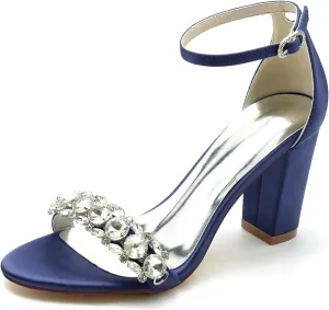 Women's Chunky High Block Heel Wedding Shoes for Bride Rhinestone Ankle Strap Bridal Heels Open Toe Wedding Heeled Sandals