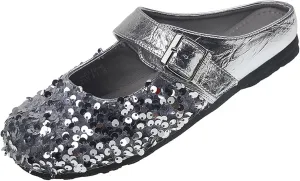 Women's Closed Round Toe Flat Slip-ons Mulle Sandals Personality Glitter Sequin Adjustable Strap Buckle Mary Jane Clogs Casual Backless Loafers