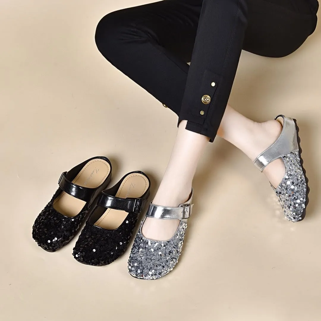 Women's Closed Round Toe Flat Slip-ons Mulle Sandals Personality Glitter Sequin Adjustable Strap Buckle Mary Jane Clogs Casual Backless Loafers