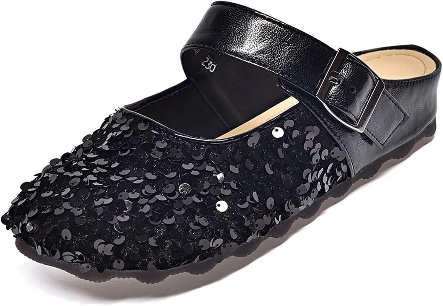Women's Closed Round Toe Flat Slip-ons Mulle Sandals Personality Glitter Sequin Adjustable Strap Buckle Mary Jane Clogs Casual Backless Loafers