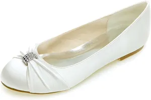 Women's Closed Toe Flats Heel Wedding Shoes for Bride Crystal Rhinestone Bridal Flats Satin Evening Prom Party Dress Sandals