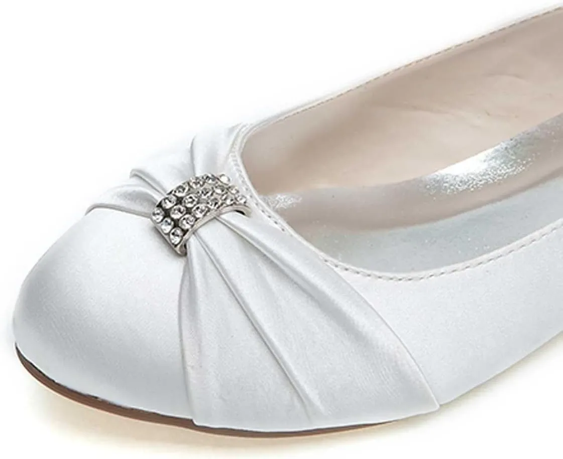 Women's Closed Toe Flats Heel Wedding Shoes for Bride Crystal Rhinestone Bridal Flats Satin Evening Prom Party Dress Sandals