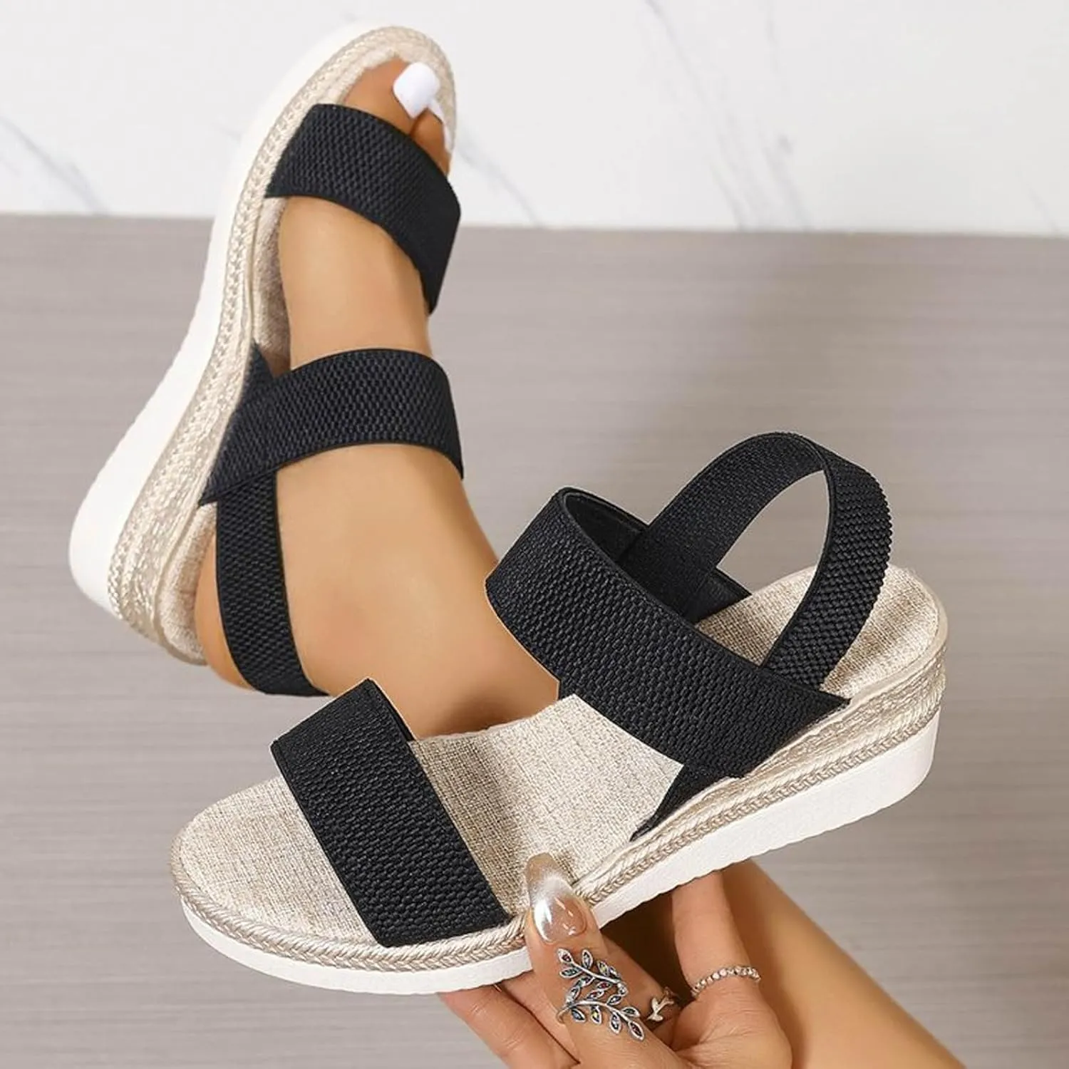 Women's Comfortable Dressy Sandals Cork Low Wedge Heels Summer One Band Casual Flat Sandals with Adjustable Ankle Strap 2025