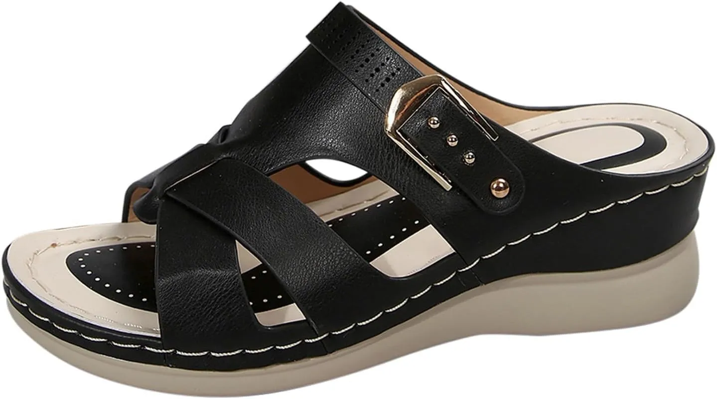 Women's Comfortable Sandals with Arch Suppor Open Toe Cross Strap Slip On Wedge Sandals Soft Sole Casual Buckle Slippers for Summer Beach Oceanside Holiday Outdoor