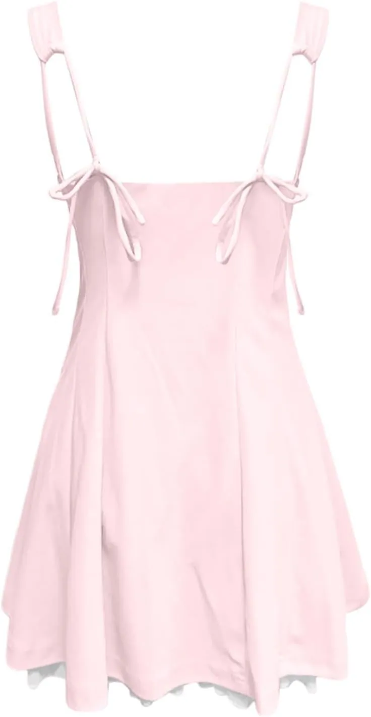 Women's Corset Mini Dress Summer Fashion Y2k Sleeveless Backless Lace Ruffle Solid Color Bow Tie Strap Skater Tank Dress