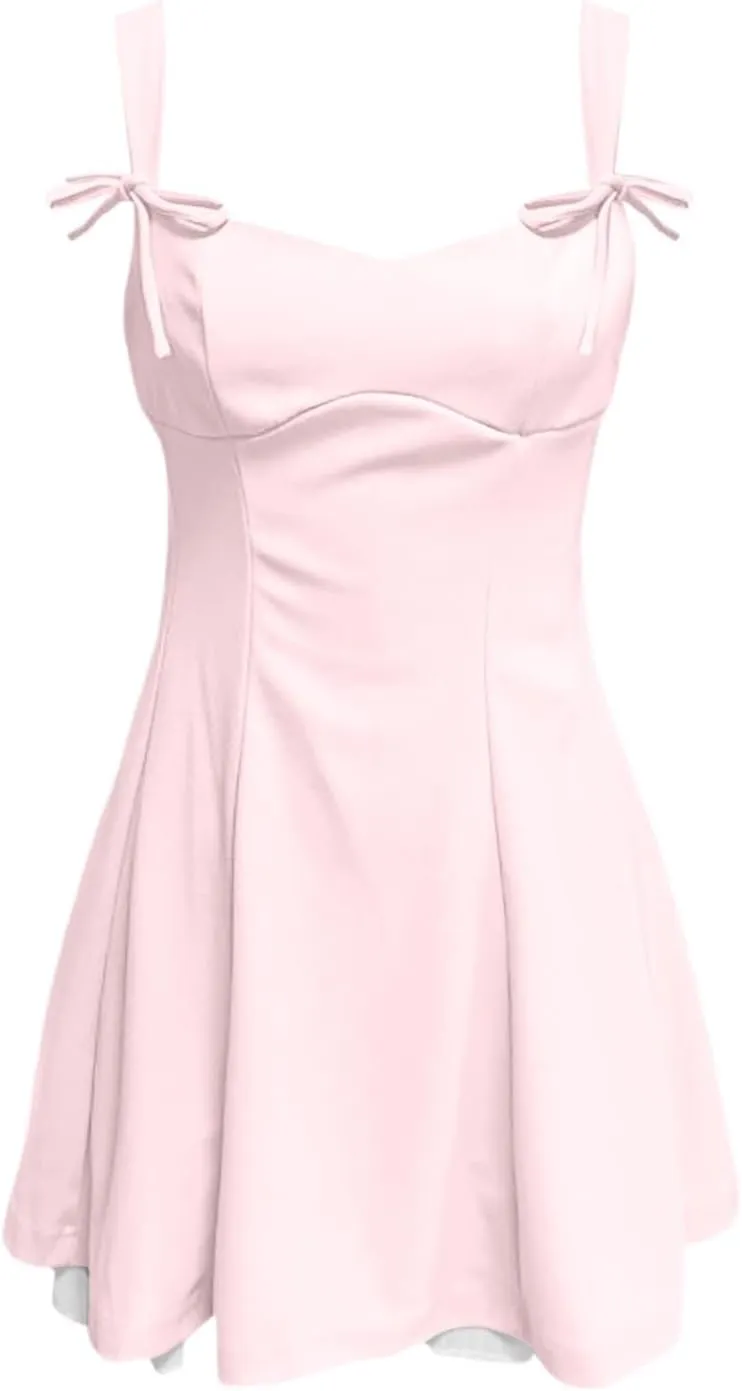Women's Corset Mini Dress Summer Fashion Y2k Sleeveless Backless Lace Ruffle Solid Color Bow Tie Strap Skater Tank Dress