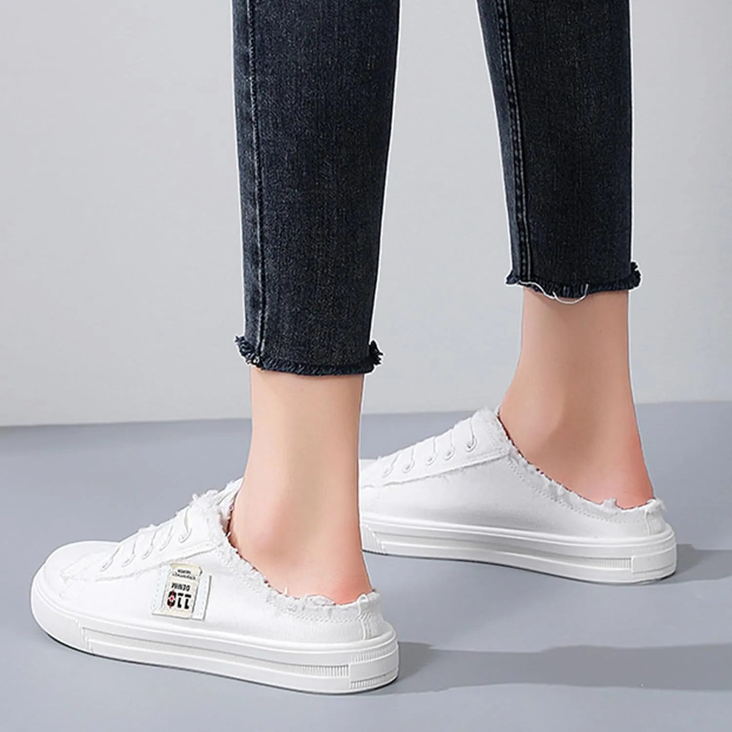 Womens Dressy Summer Fashionable and Versatile Canvas Shoes White Shoes Lazy Slip On Flat Casual