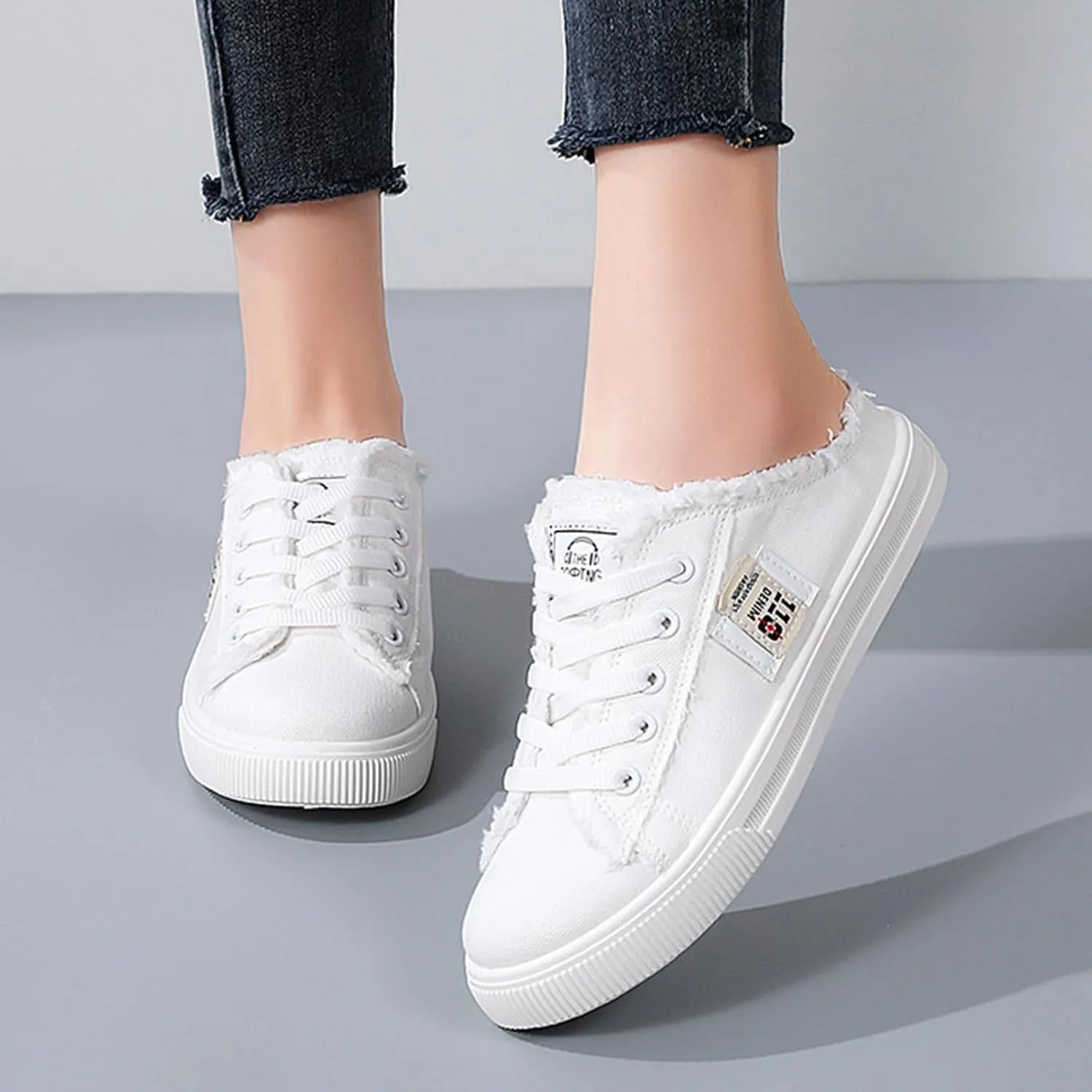 Womens Dressy Summer Fashionable and Versatile Canvas Shoes White Shoes Lazy Slip On Flat Casual