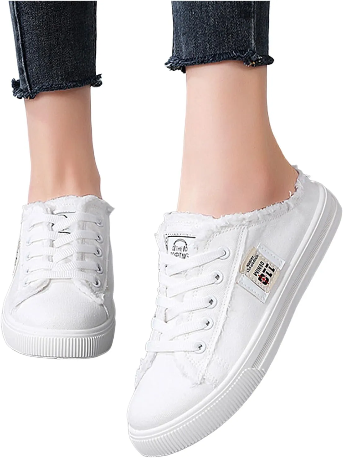 Womens Dressy Summer Fashionable and Versatile Canvas Shoes White Shoes Lazy Slip On Flat Casual